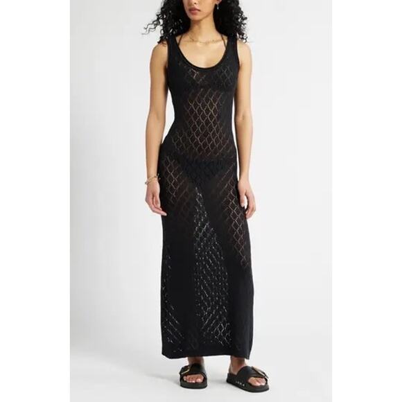 BP. Sheer Pointelle Maxi Cover-Up Dress Size M Black Sleeveless Vacation Resort - Picture 1 of 8